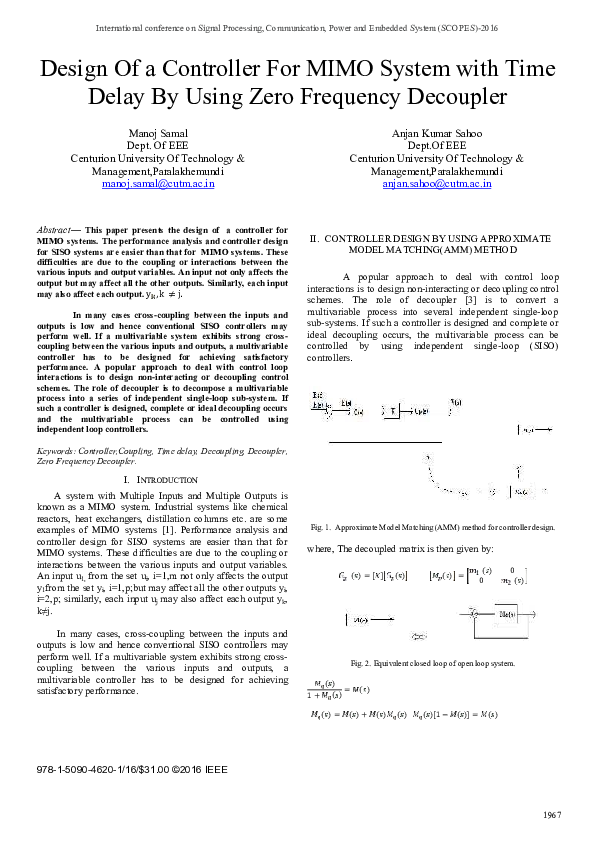 (PDF) Design Of a controller for MIMO system with time delay by using ...