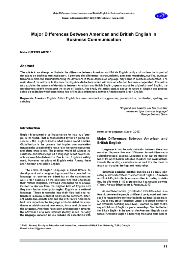 (PDF) Major Differences Between American and British English in ...