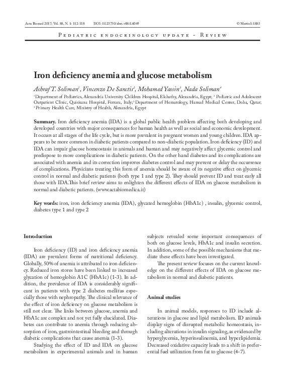 (PDF) Iron deficiency anemia and glucose metabolism