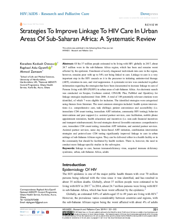 (PDF) Strategies To Improve Linkage To HIV Care In Urban Areas Of Sub ...