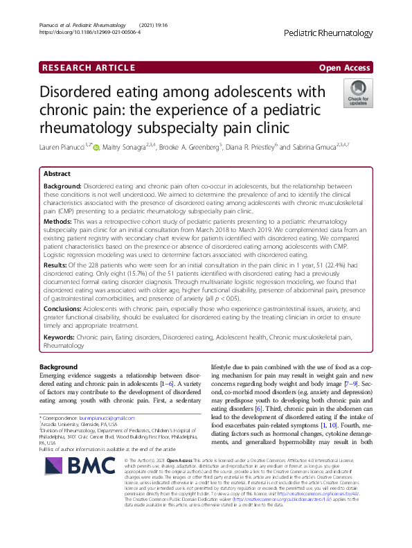 (PDF) Disordered eating among adolescents with chronic pain: the ...