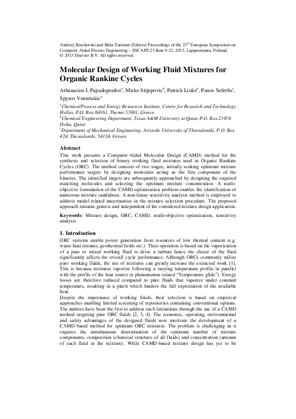 (PDF) Molecular design of working fluid mixtures for organic rankine cycles