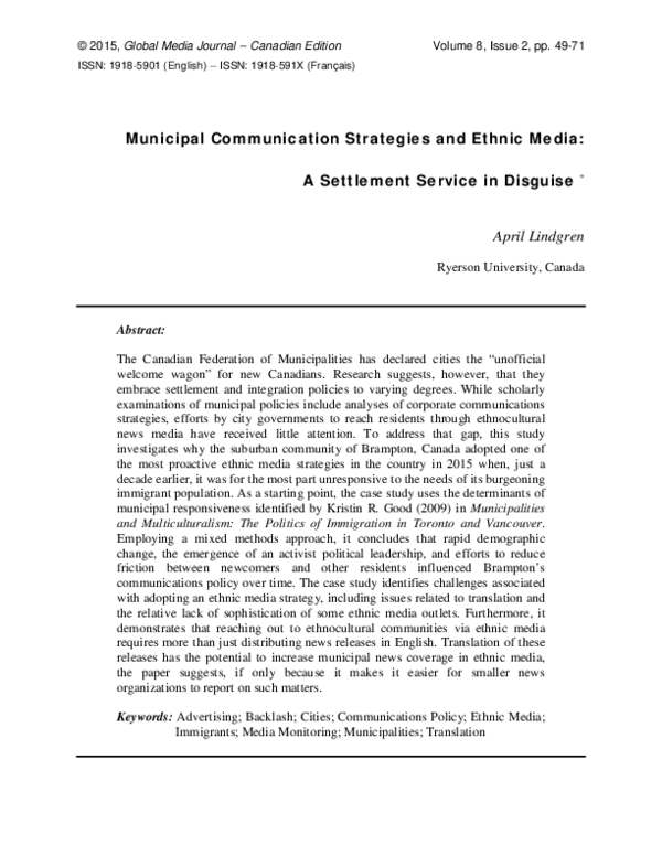(PDF) Municipal Communication Strategies and Ethnic Media A Settlement