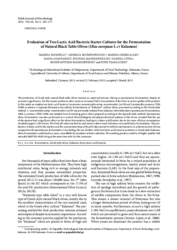 (PDF) Evaluation of Two Lactic Acid Bacteria Starter Cultures for the