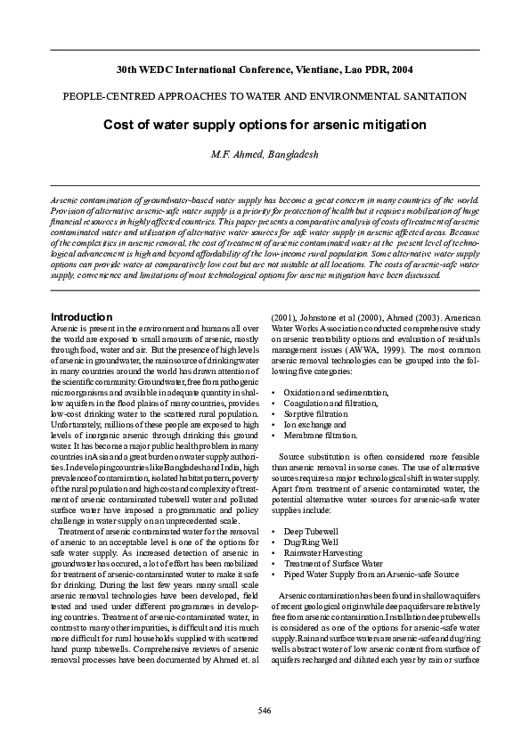 (PDF) Cost of water supply options for arsenic mitigation
