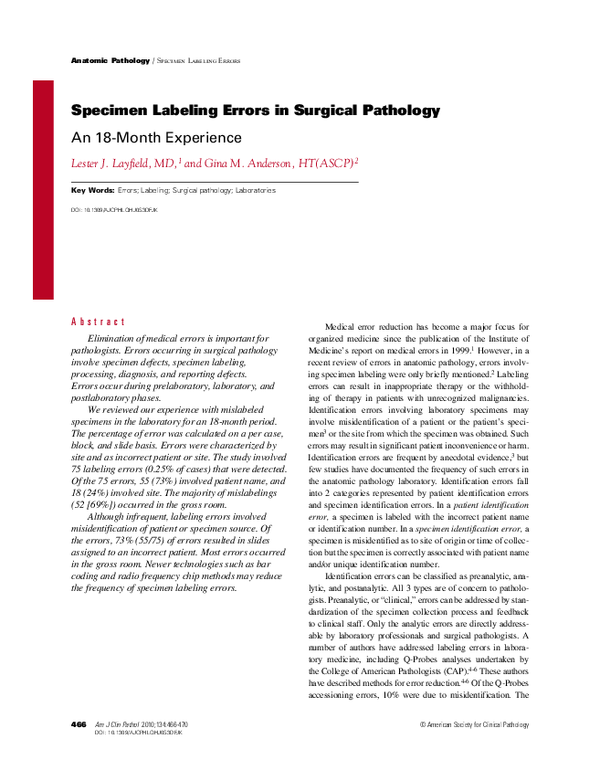 (PDF) Specimen Labeling Errors in Surgical Pathology An 18Month Experience Lester Layfield