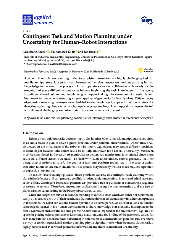(PDF) Contingent Task and Motion Planning under Uncertainty for Human ...