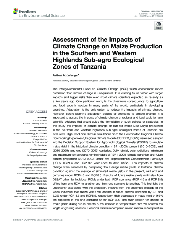 (PDF) Assessment of the Impacts of Climate Change on Maize Production ...