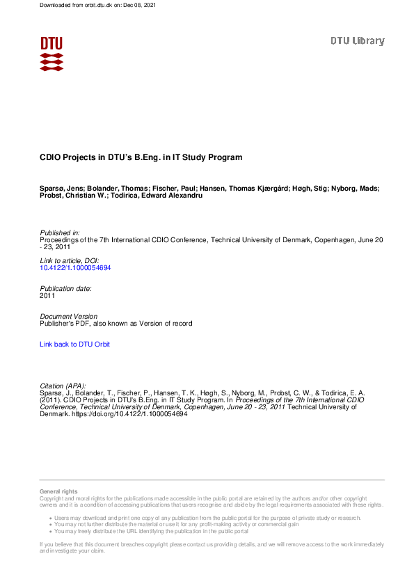 (PDF) CDIO Projects in DTU’s B. Eng. in IT Study Program