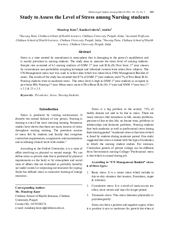 (PDF) Study to Assess the Level of Stress among Nursing students