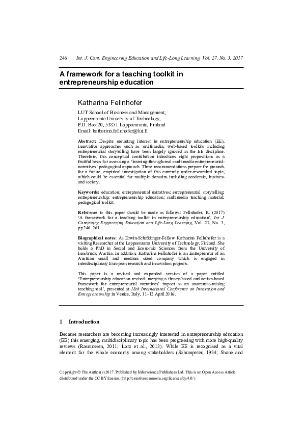 (PDF) A Framework For A Teaching Toolkit In Entrepreneurship Education