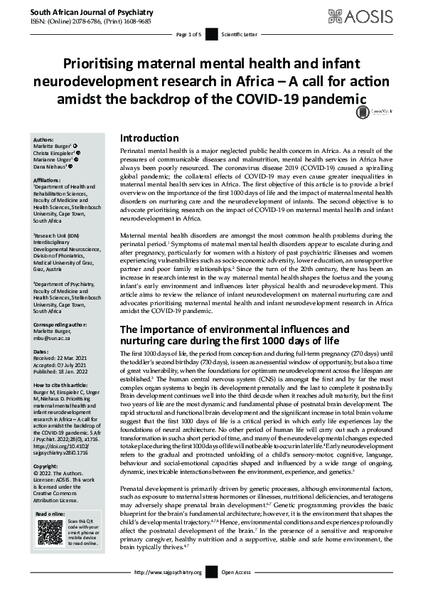 (PDF) Prioritising maternal mental health and infant neurodevelopment ...