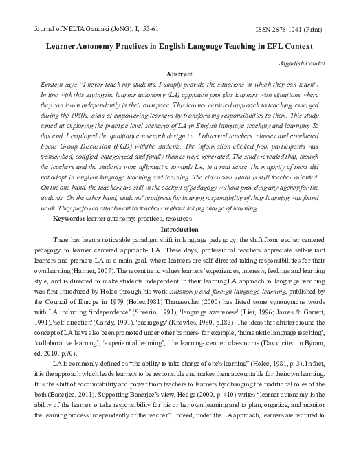 (PDF) Learner Autonomy Practices in English Language Teaching in EFL ...