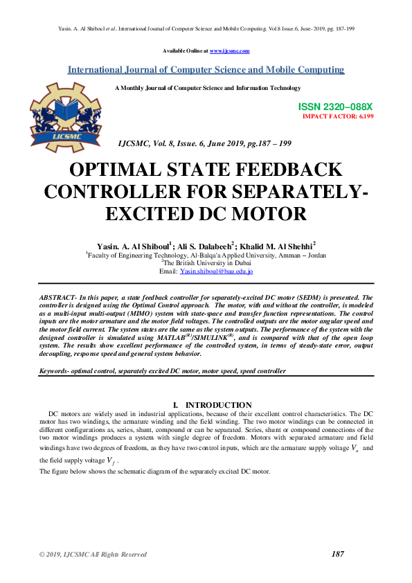 (PDF) Optimal State Feedback Controller for Separately-Excited DC Motor