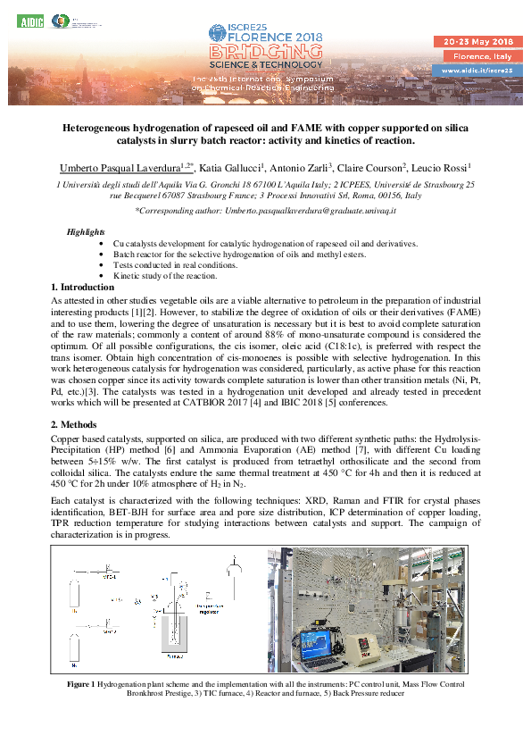 (PDF) Heterogeneous hydrogenation of rapeseed oil and FAME with copper ...