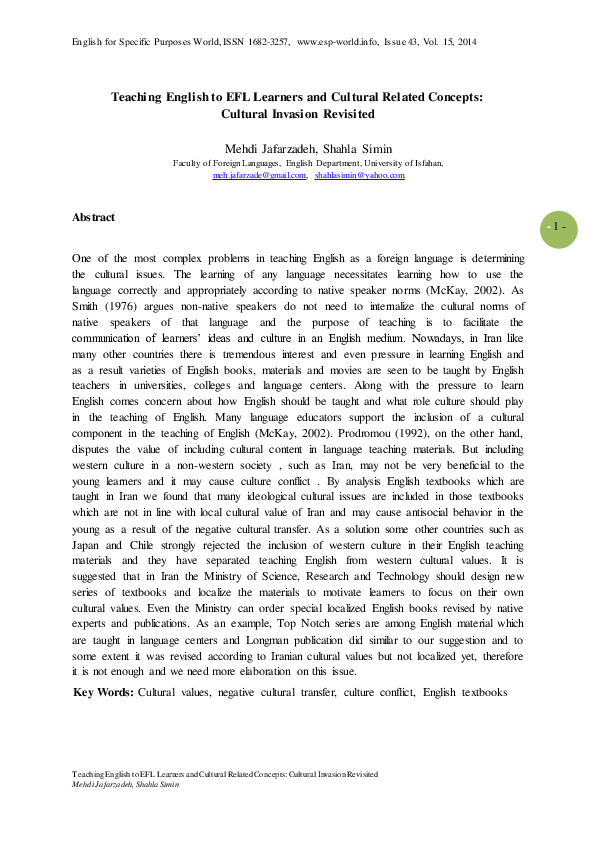 (PDF) Teaching English to EFL Learners and Cultural Related Concepts ...