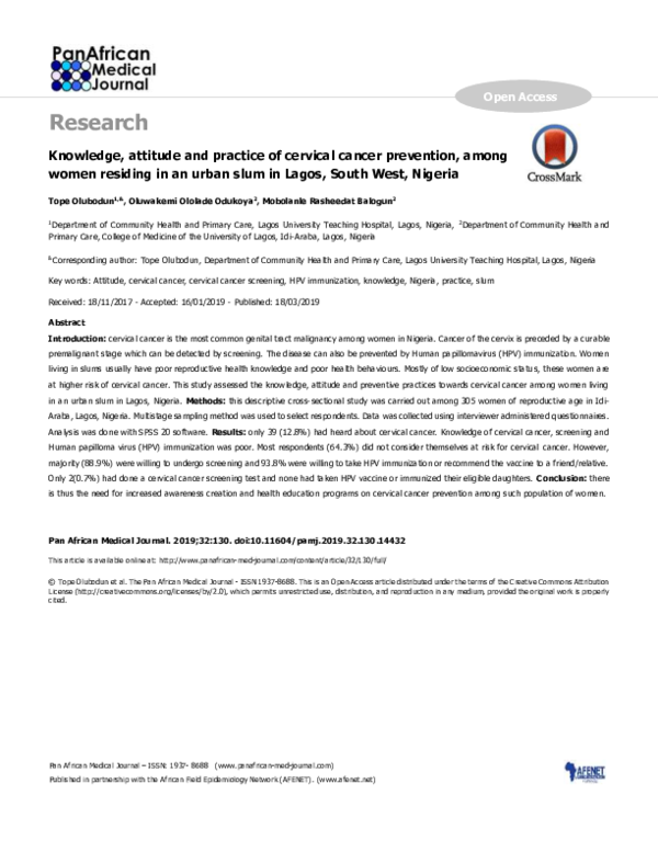 (PDF) Knowledge, attitude and practice of cervical cancer prevention ...