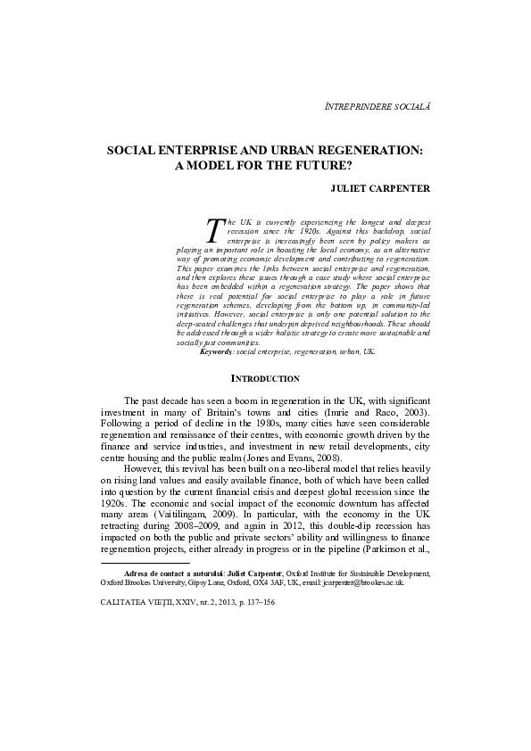 (PDF) Social Enterprise and Urban Regeneration : a Model for the Future?