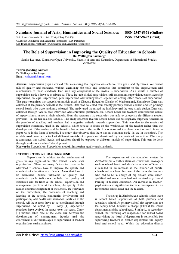 (PDF) The Role of Supervision in Improving the Quality of Education in ...