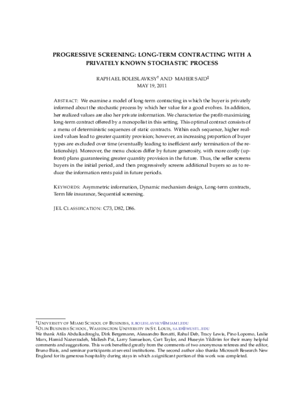 (PDF) Progressive Screening: Long-Term Contracting With a Privately ...