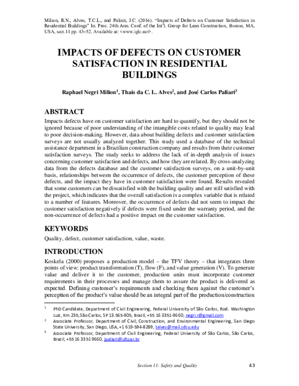 (PDF) Impacts of Defects on Customer Satisfaction in Residential Buildings