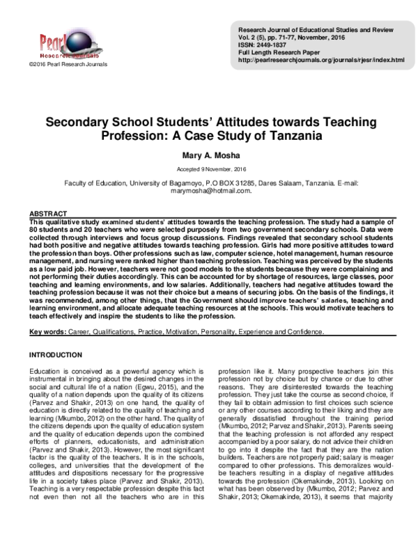 (PDF) Secondary School Students ’ Attitudes towards Teaching Profession ...