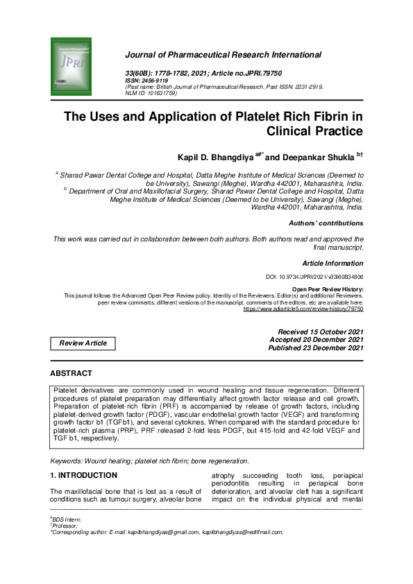 (PDF) The Uses and Application of Platelet Rich Fibrin in Clinical Practice