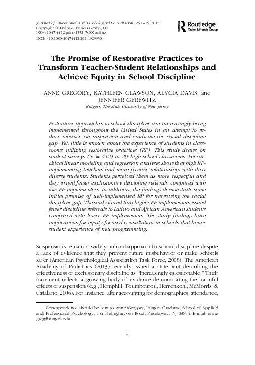 (PDF) The Promise of Restorative Practices to Transform Teacher-Student ...