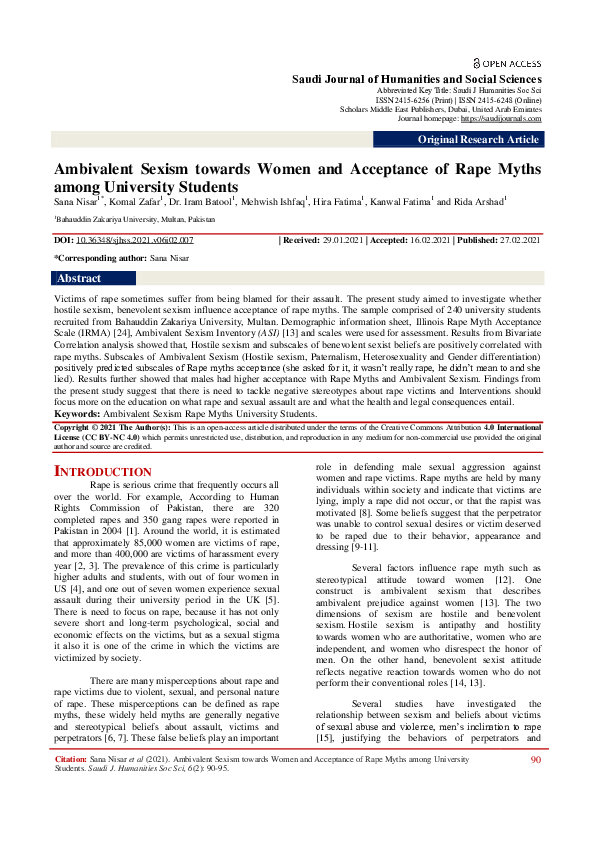 (PDF) Ambivalent Sexism towards Women and Acceptance of Rape Myths ...
