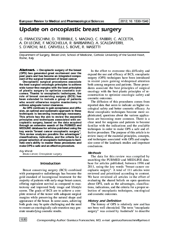(PDF) Update on oncoplastic breast surgery | Alba Di Leone - Academia.edu