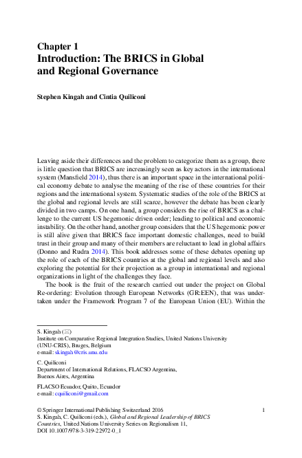 (PDF) Introduction: The BRICS in Global and Regional Governance