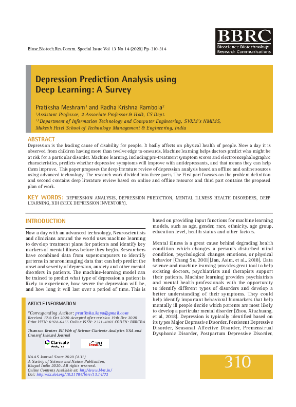 (PDF) Depression Prediction Analysis using Deep Learning: A Survey