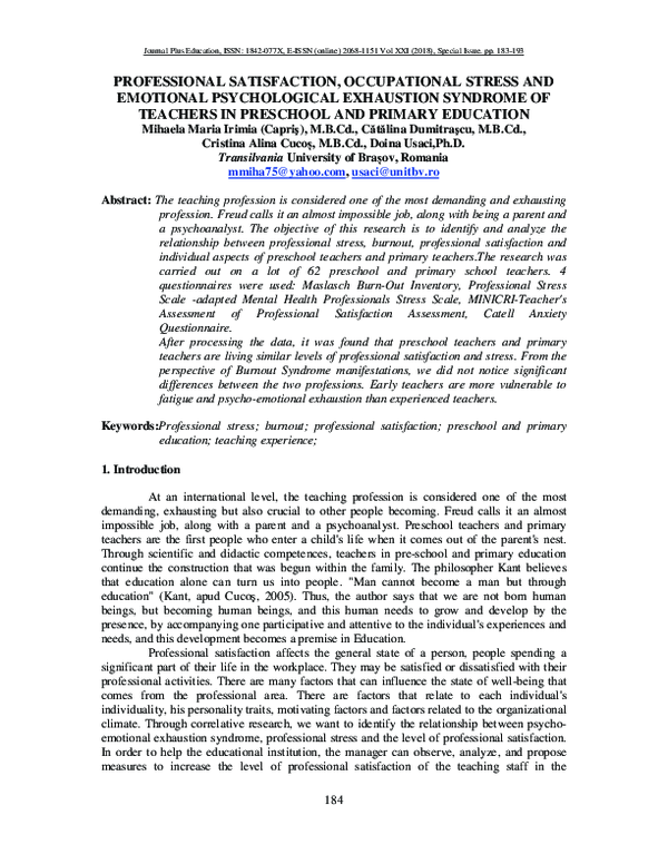 (PDF) Professional Satisfaction, Occupational Stress and Emotional ...