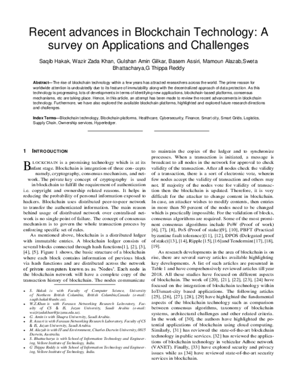 (PDF) Recent advances in blockchain technology: a survey on ...