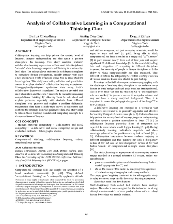 (PDF) Analysis of Collaborative Learning in a Computational Thinking Class