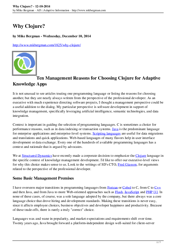 (PDF) Why Clojure? Ten Management Reasons for Choosing Clojure for ...