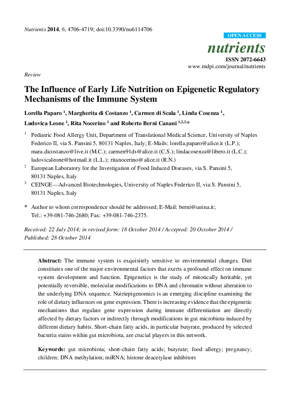(PDF) Review The Influence of Early Life Nutrition on Epigenetic ...