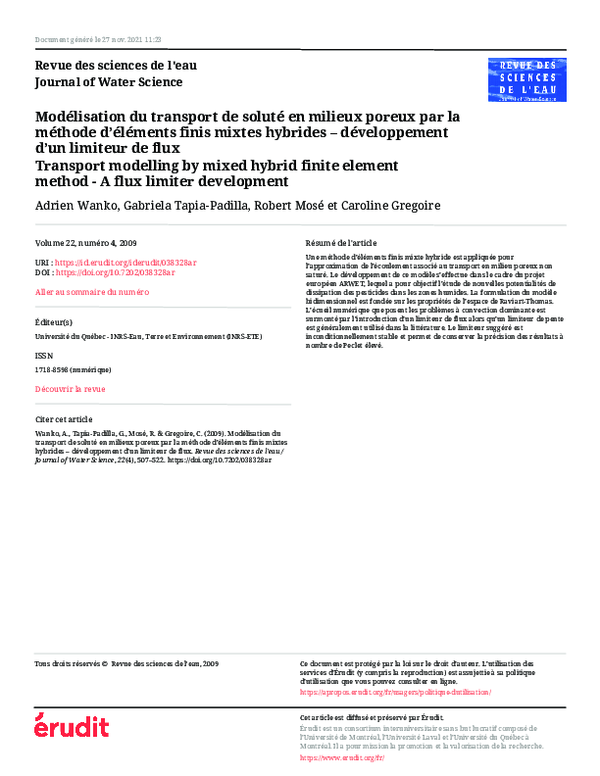 (PDF) Transport modelling by mixed hybrid finite element method-A flux ...