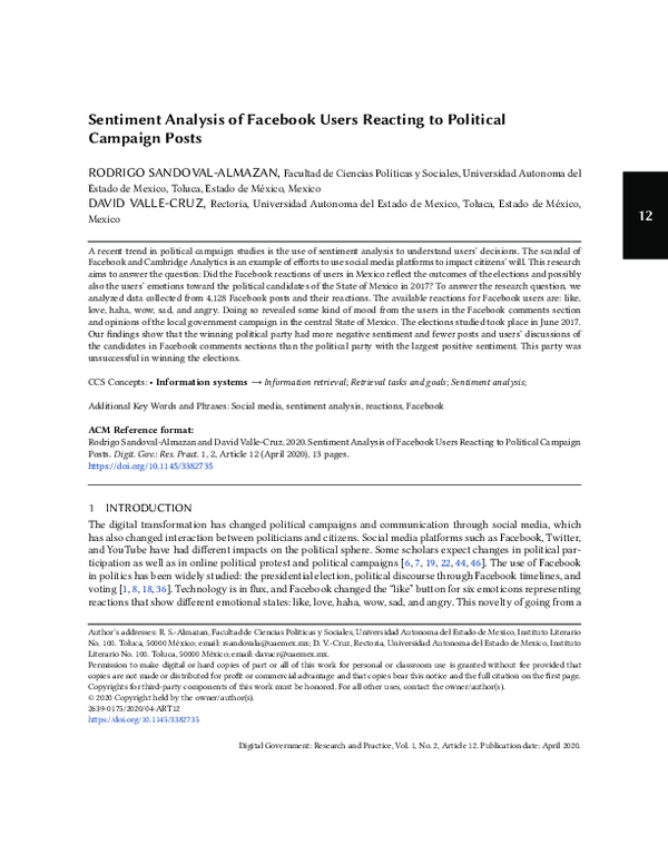 (PDF) Sentiment Analysis of Facebook Users Reacting to Political ...