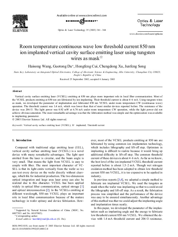 (PDF) Room temperature continuous wave low threshold current ion ...