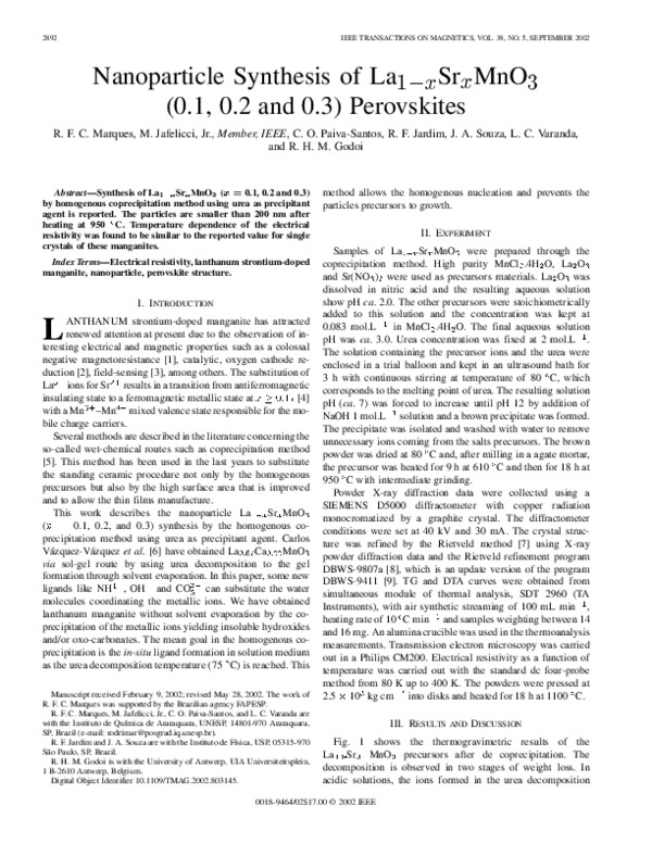 (PDF) Nanoparticle Synthesis of La 1 x Sr x MnO 3 ( 0 . 1 , 0 . 2 and 0 ...