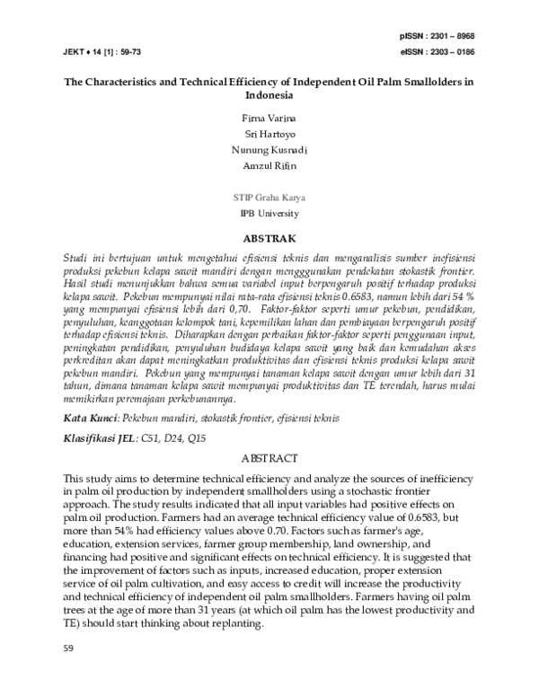 (PDF) Technical Efficiency of Independent Oil Palm Smallholder In Indonesia