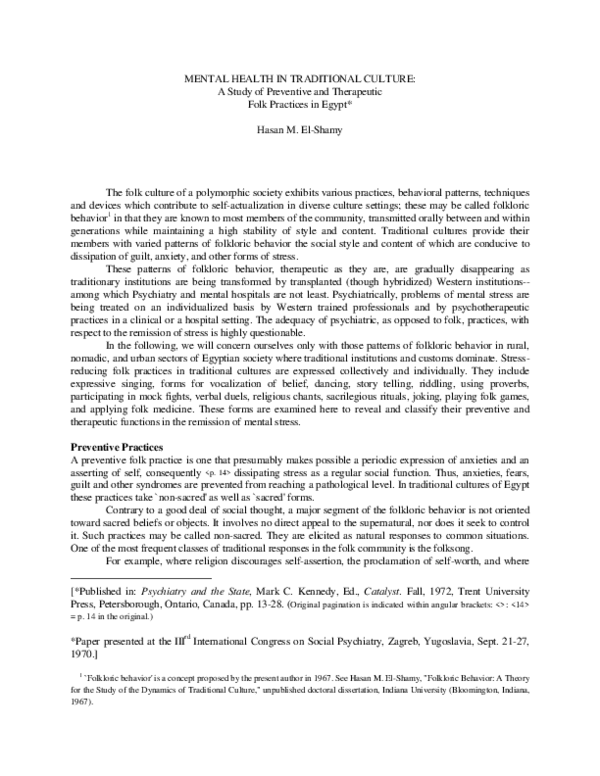 (PDF) Mental Health in Traditional Culture: A Study of Preventive and ...