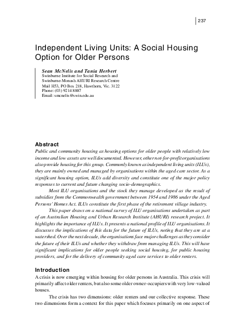 (PDF) Independent living units: a social housing option for older persons