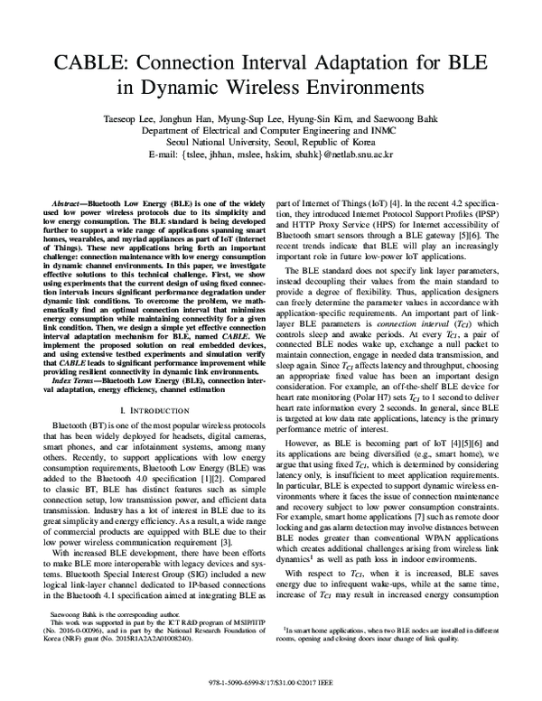 (PDF) CABLE: Connection Interval Adaptation for BLE in Dynamic Wireless ...