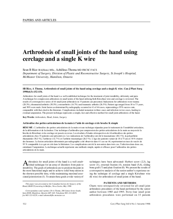 (PDF) Arthrodesis of small joints of the hand using cerclage and a