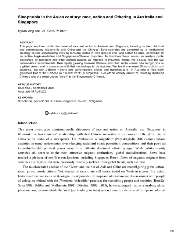 (PDF) Sinophobia in the Asian century: race, nation and Othering in ...