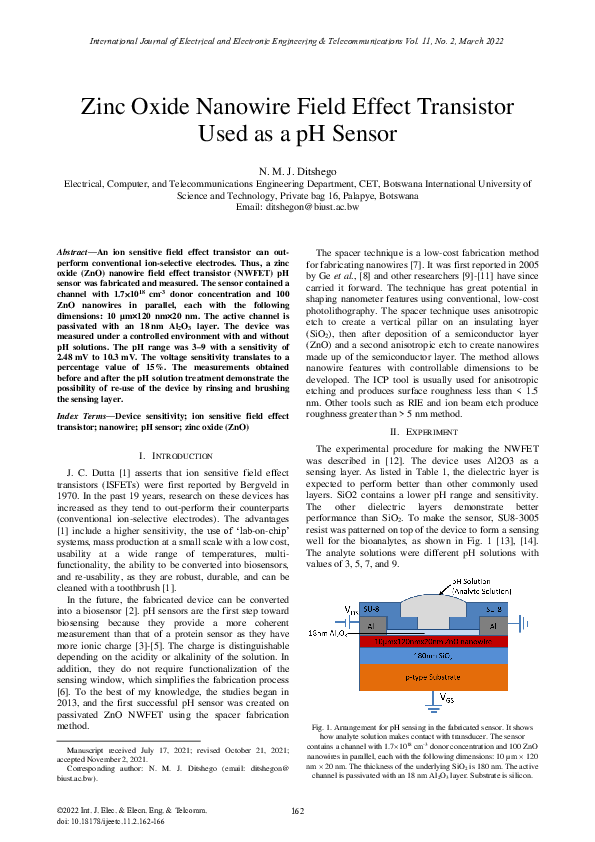 (PDF) Zinc Oxide Nanowire Field Effect Transistor Used as a pH Sensor