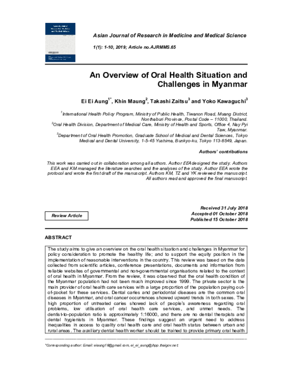 (PDF) An Overview of Oral Health Situation and Challenges in Myanmar