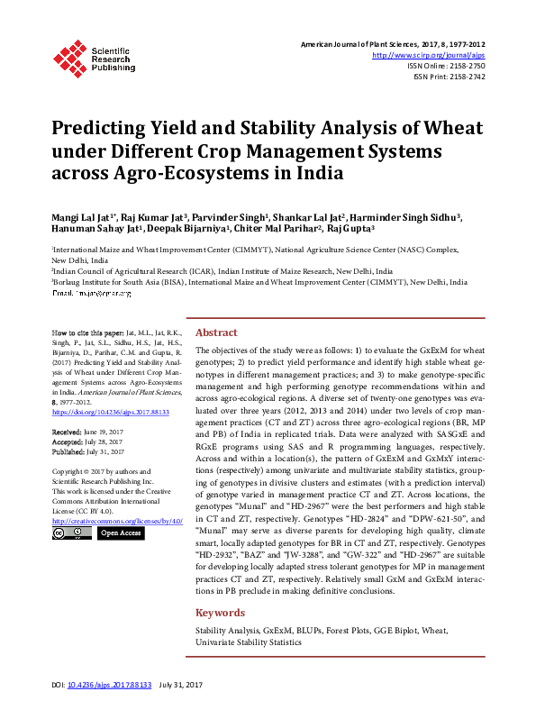 (PDF) Predicting Yield and Stability Analysis of Wheat under Different ...